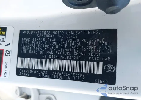 2022 Toyota Camry Se from USA, damaged, VIN 4T1G11AK7NU680248